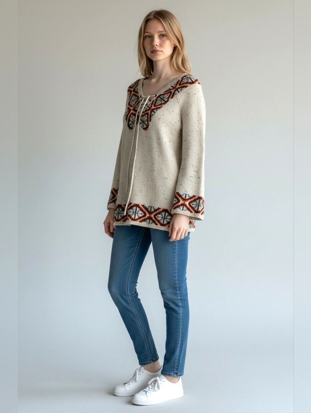 Mystree Lace Up V-Neck Cream Fair Isle Knit Sweater Long Bell Sleeves Sm